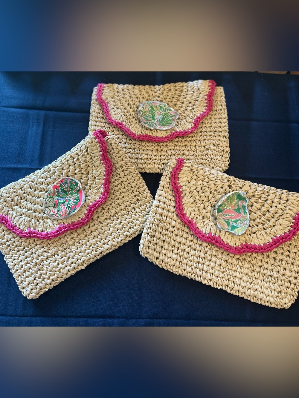 Woven Straw Clutch with Pink Trim and Handmade Seashell Accent